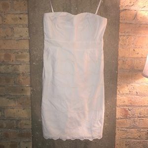 JCrew white strapless dress with yellow polka dots